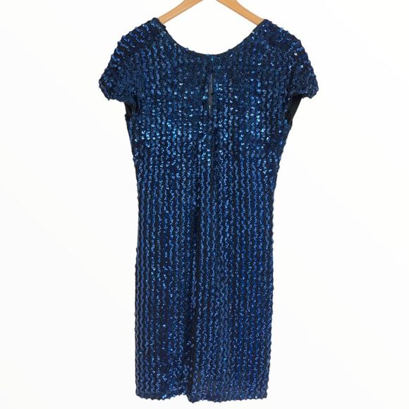 80’s Vintage Cobalt Sequin Zigzag Cap Sleeve V Back Bodycon Dress - Picture 1 of 11